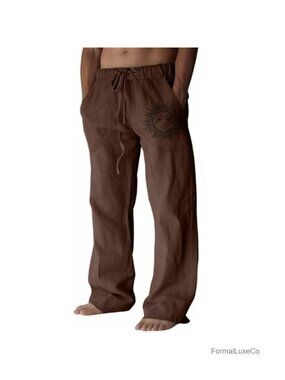 Cotton Linen Men's Casual Pants Elastic Drawstring Wide Leg Lounge Yoga